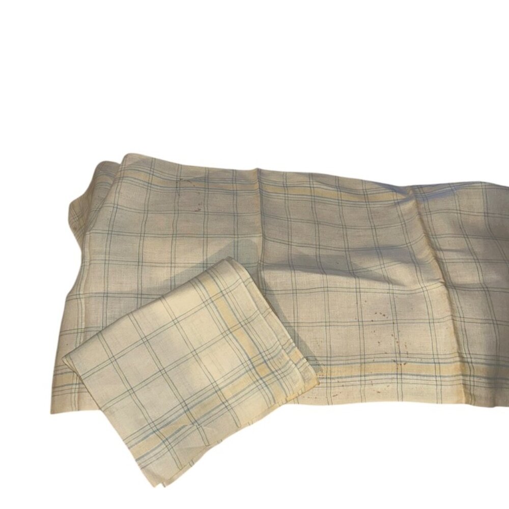 Vintage 100% LINEN 17x38" off white chambray blue window pane plaid table runner